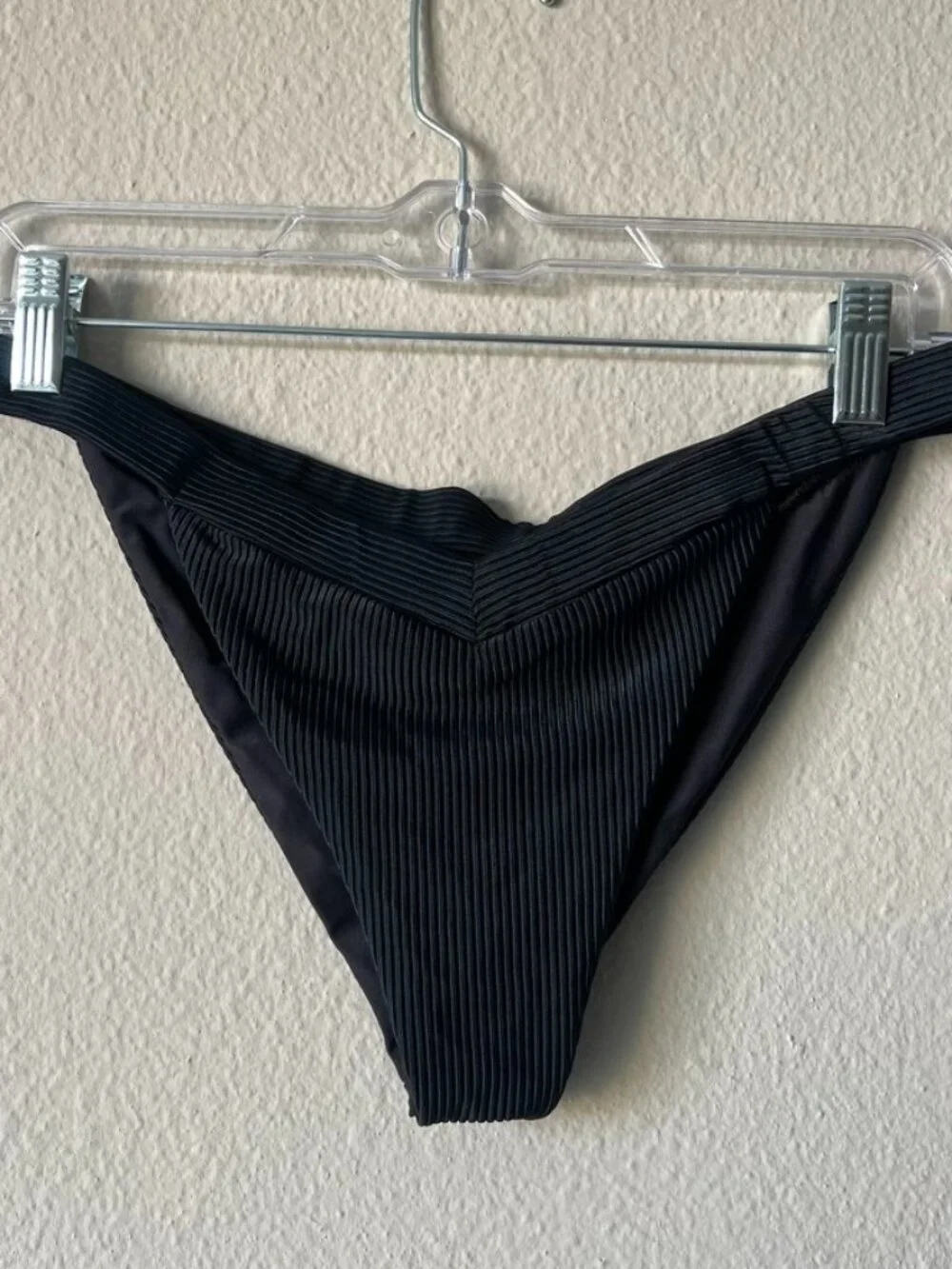 FRANKIES BIKINIS Black Ribbed Cheeky V-Front Bikini Bottom Size XL